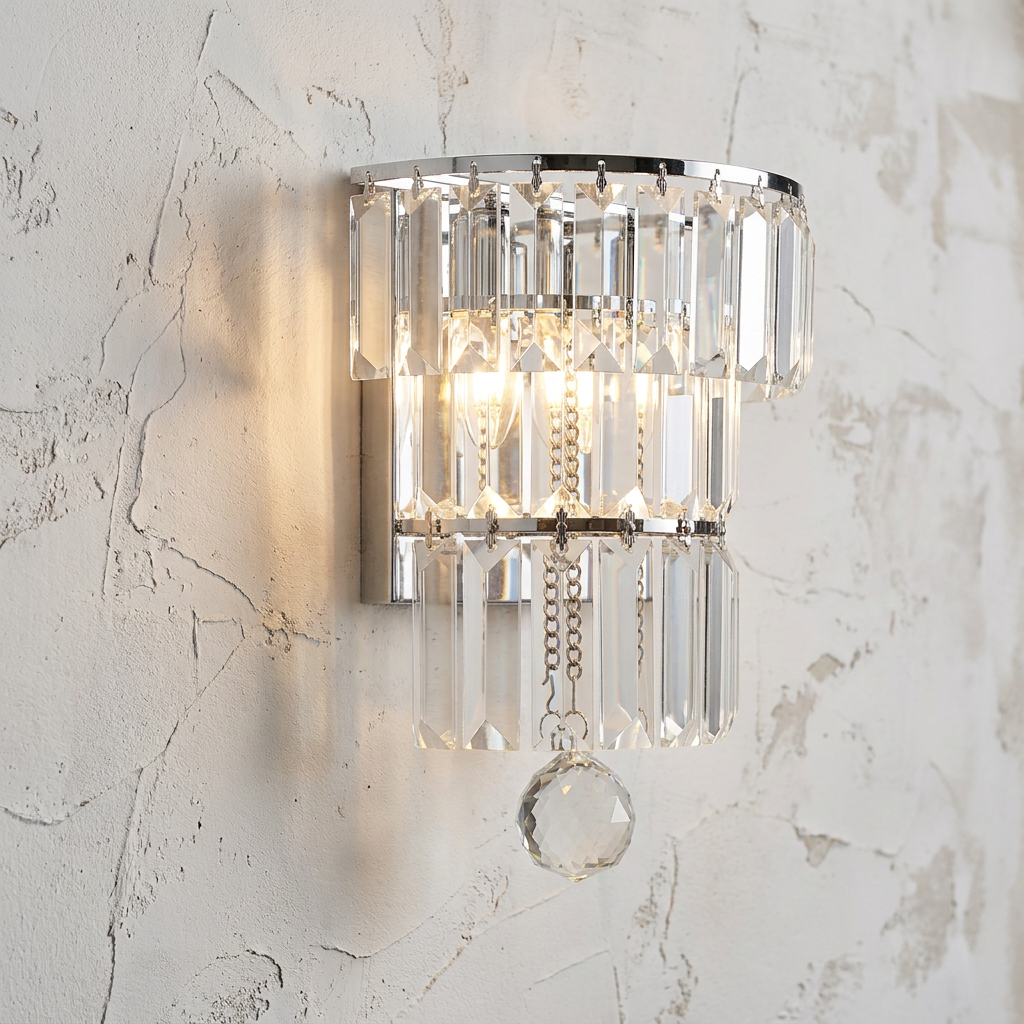 An illuminated Empire-style wall sconce with chrome finish and clear crystal prisms on a textured white wall.