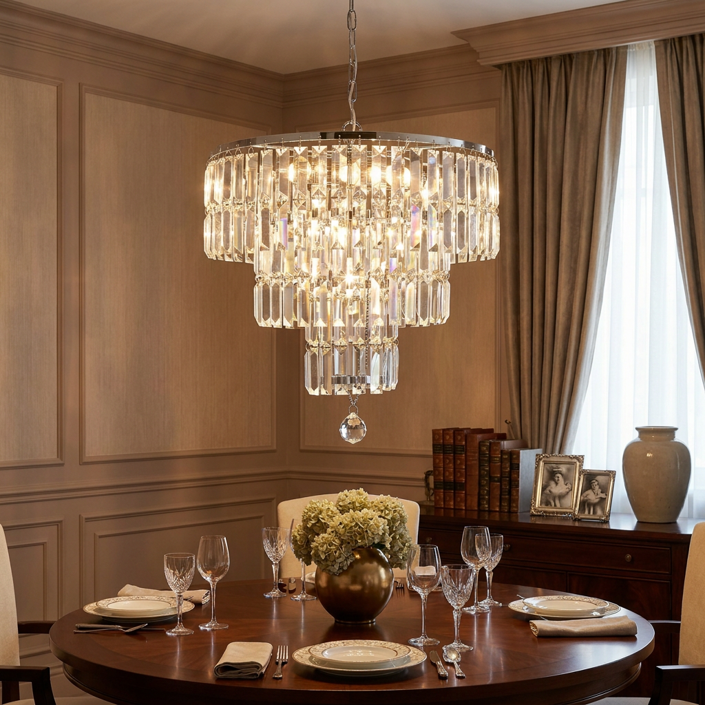 Empire 5 light polished chrome and crystal tiered chandelier hanging over a formally set round wooden dining table.