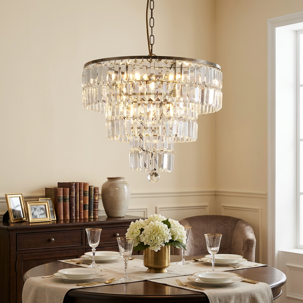 A tiered clear crystal chandelier hangs above a set dining table in an elegant room.