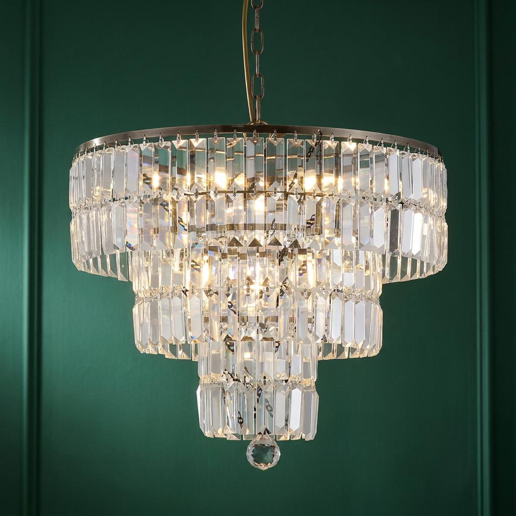 A tiered antique brass and clear crystal chandelier illuminated against a dark green paneled wall.