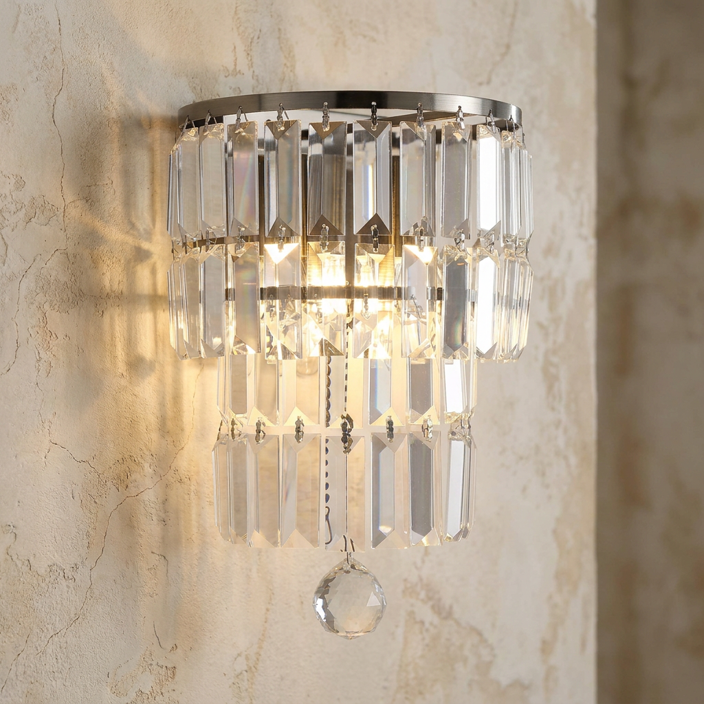 An illuminated Empire antique brass wall light with two tiers of clear crystal prisms on a textured wall.