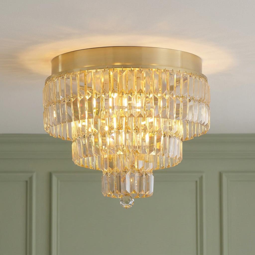 A tiered satin brass and crystal glass flush mount ceiling light glowing against a sage green paneled wall.