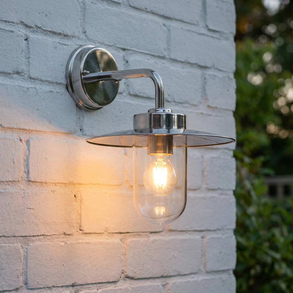 Illuminated stainless steel outdoor wall light with a clear glass shade mounted on a white brick wall.