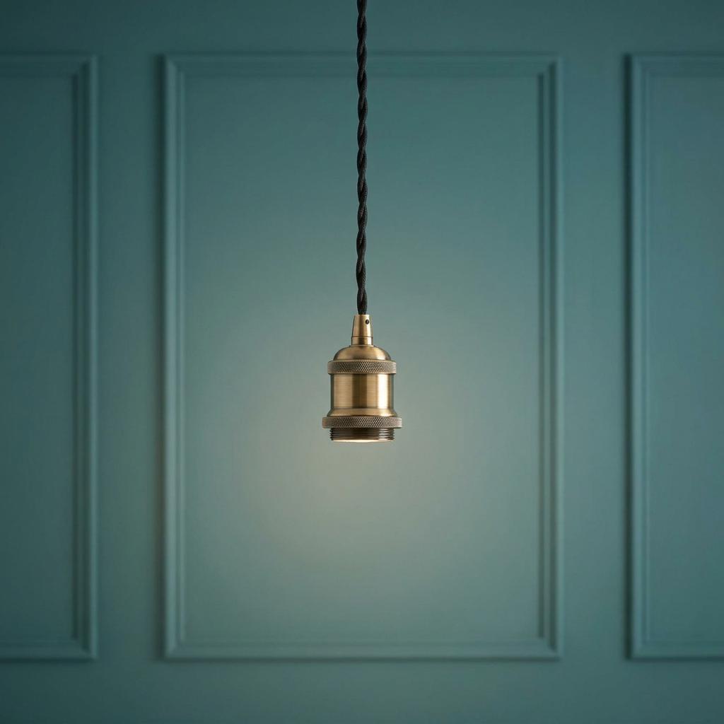 Antique brass pendant light socket with black twisted cord against a teal paneled wall.
