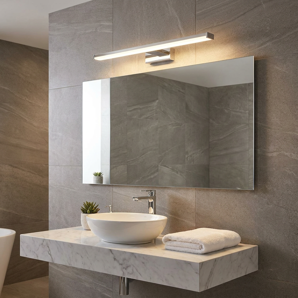 Chrome horizontal bar light mounted above a large mirror in a modern bathroom with grey stone-effect tiles.