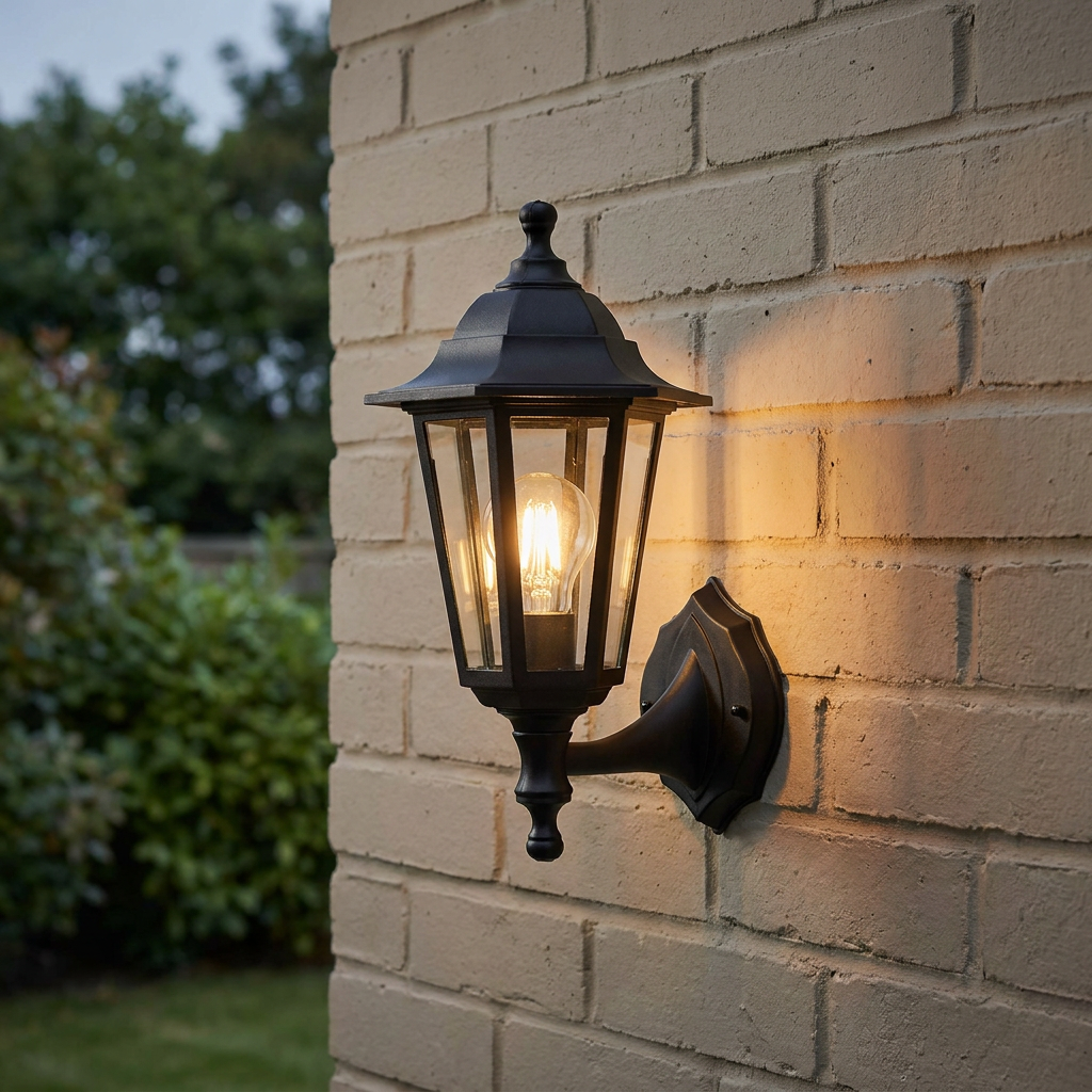 Black traditional lantern-style outdoor wall light with a warm glow mounted on a cream brick wall.