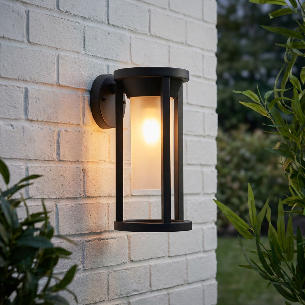 A black outdoor lantern with a frosted glass cylinder and warm glow mounted on a white brick wall.