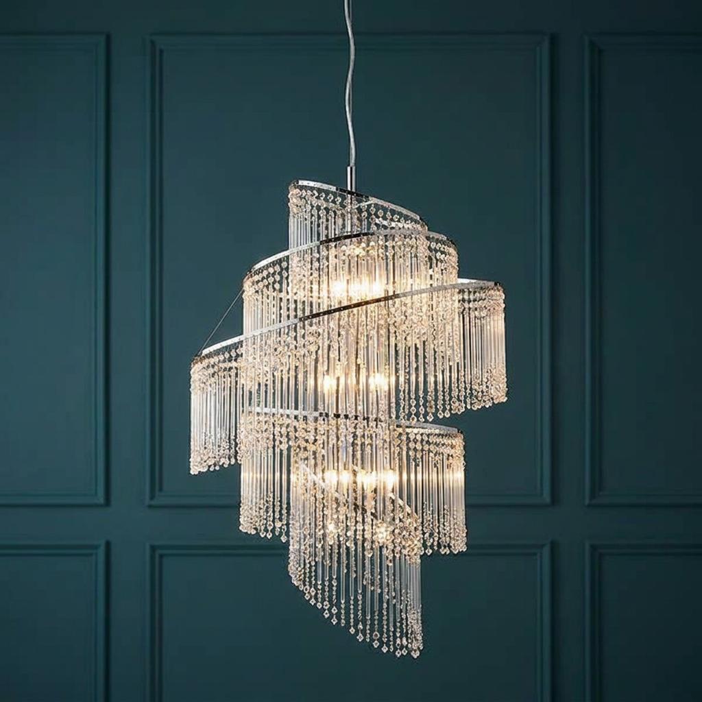 Spiral tiered chandelier with clear glass rods and chrome frame against a dark teal paneled wall.