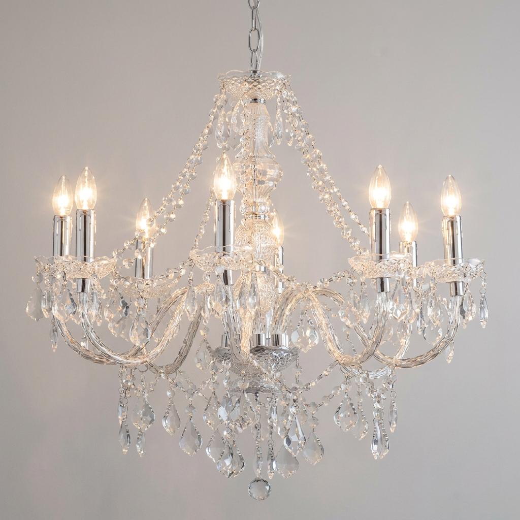 Elegant 8-light chrome and clear acrylic chandelier with lit candle bulbs and draped crystal-effect beads.