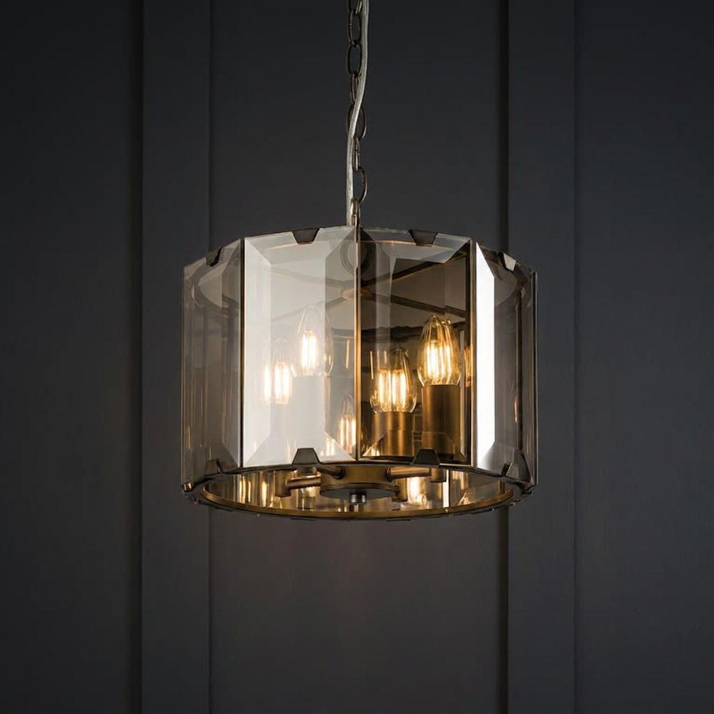 Endon Clooney 4-light ceiling pendant with smoke glass beveled panels against a dark paneled wall.