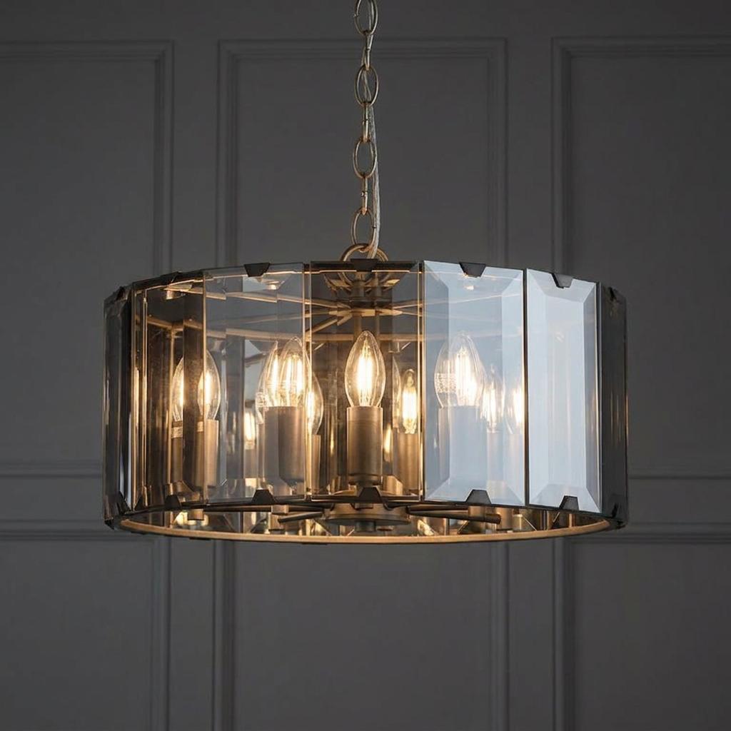 8-light ceiling pendant with smoked beveled glass panels and glowing candle bulbs against a dark paneled wall.