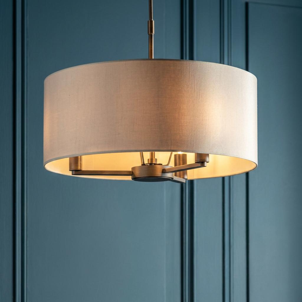 Bronze 3-light ceiling pendant with a beige fabric drum shade, illuminated against a dark blue paneled wall.