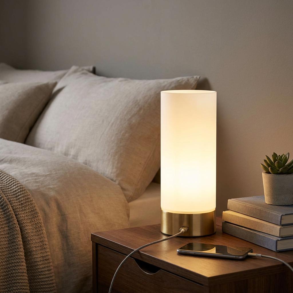 Cylindrical brass table lamp with a glowing white glass shade on a wooden bedside table.