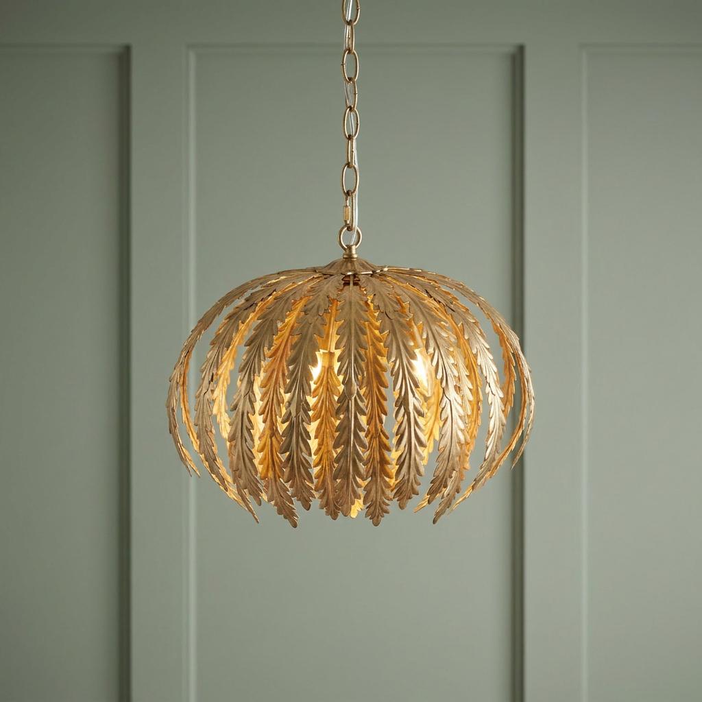 Gold leaf-style pendant light with glowing bulbs hanging against a sage green paneled wall.
