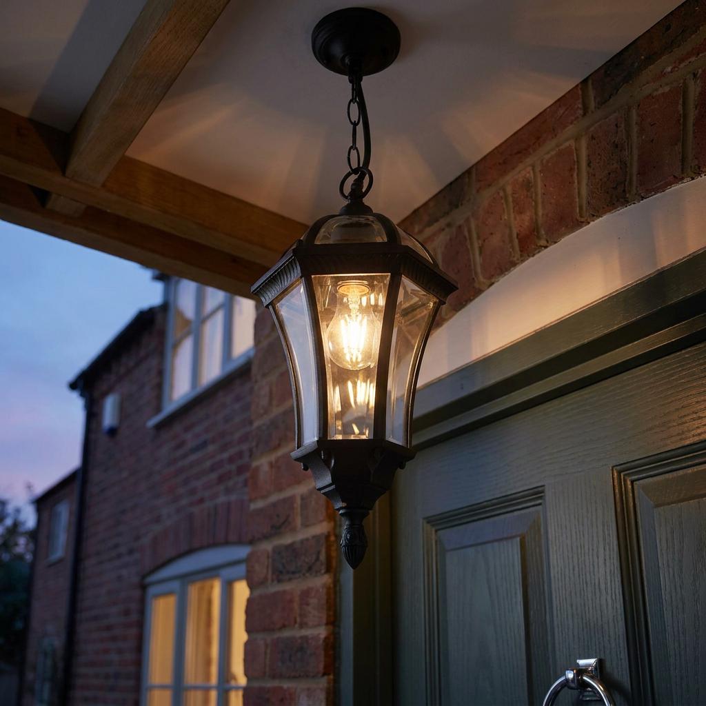 A textured black outdoor lantern pendant light hangs illuminated from a porch ceiling above a front door.