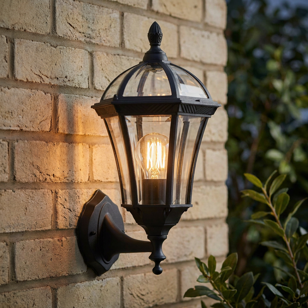 Traditional textured black lantern outdoor wall light with a glowing filament bulb mounted on a brick wall.