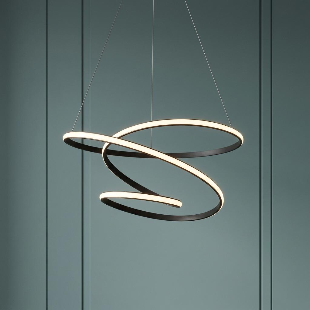 Swirling black LED pendant light with a ribbon design, suspended against a muted green paneled wall.