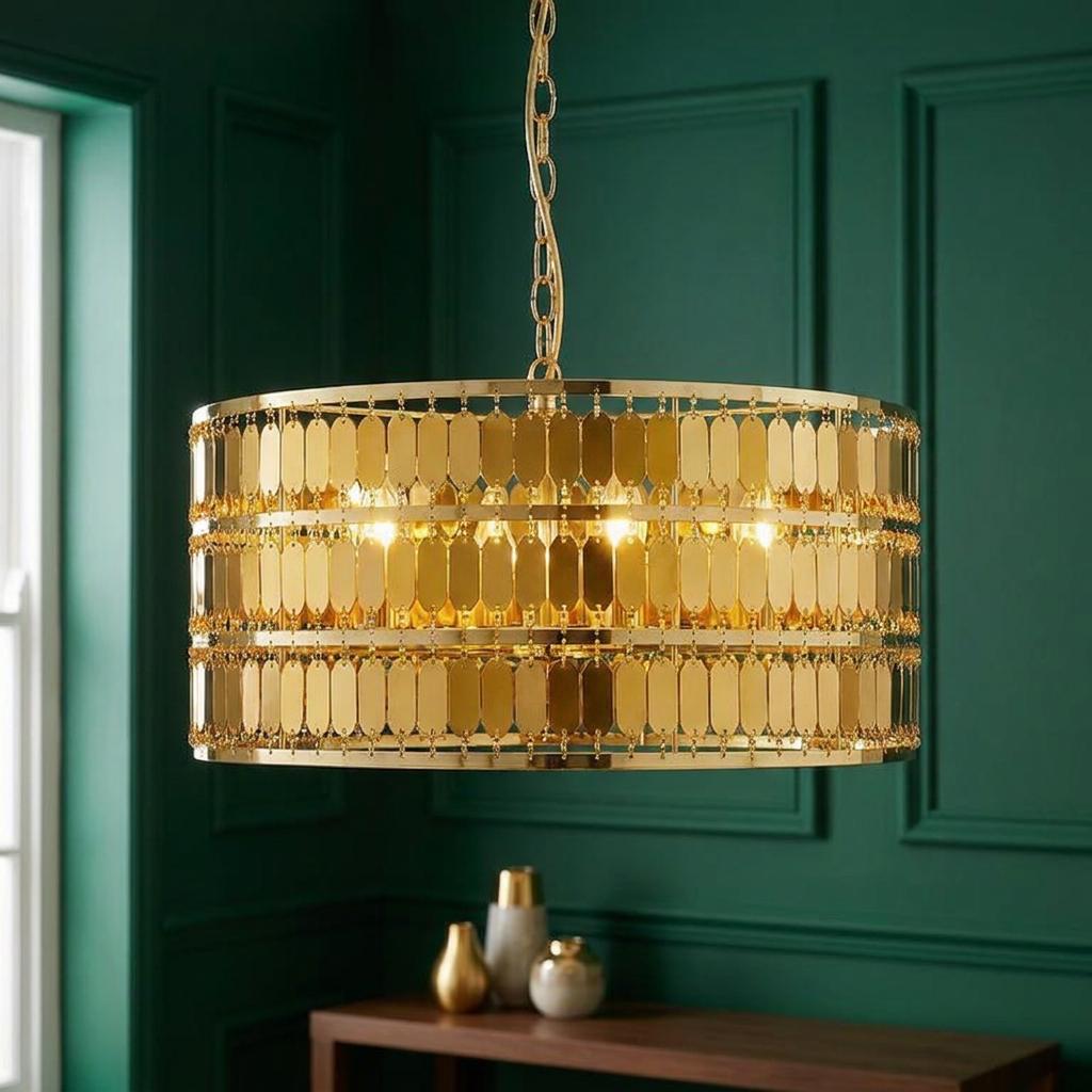 Endon Eldora 5-light gold pendant with shimmering oval metal discs in a room with dark green panelled walls.