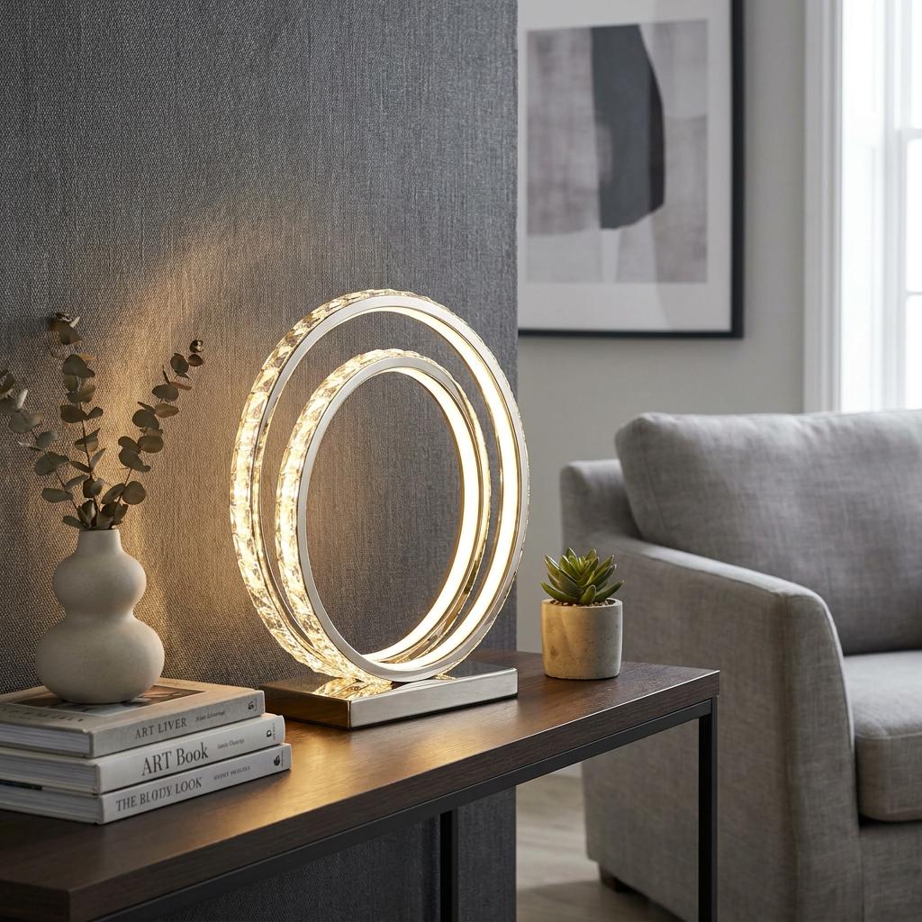 Modern double-ring table lamp with clear crystals and a nickel finish glowing on a dark wood console table.