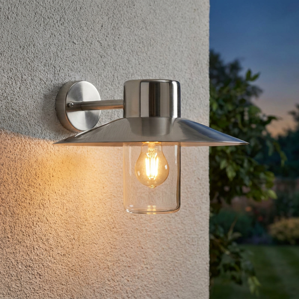 Polished stainless steel outdoor wall light with a clear glass cylinder and glowing filament bulb on a textured wall.
