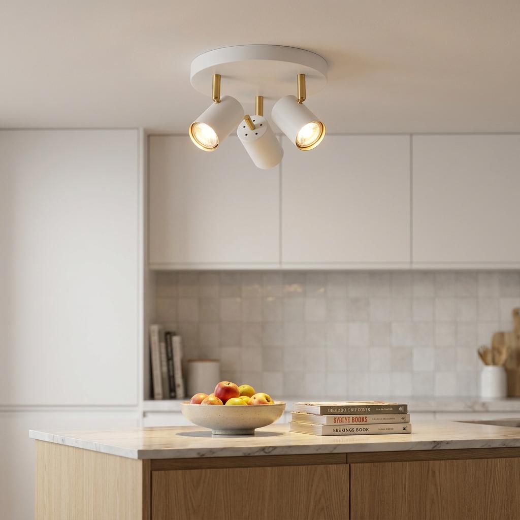 White and brushed brass 3-light LED spotlight mounted on a kitchen ceiling over a wooden island.