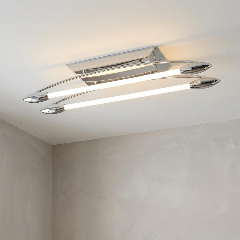 Modern chrome flush ceiling light with two horizontal glowing LED tubes.