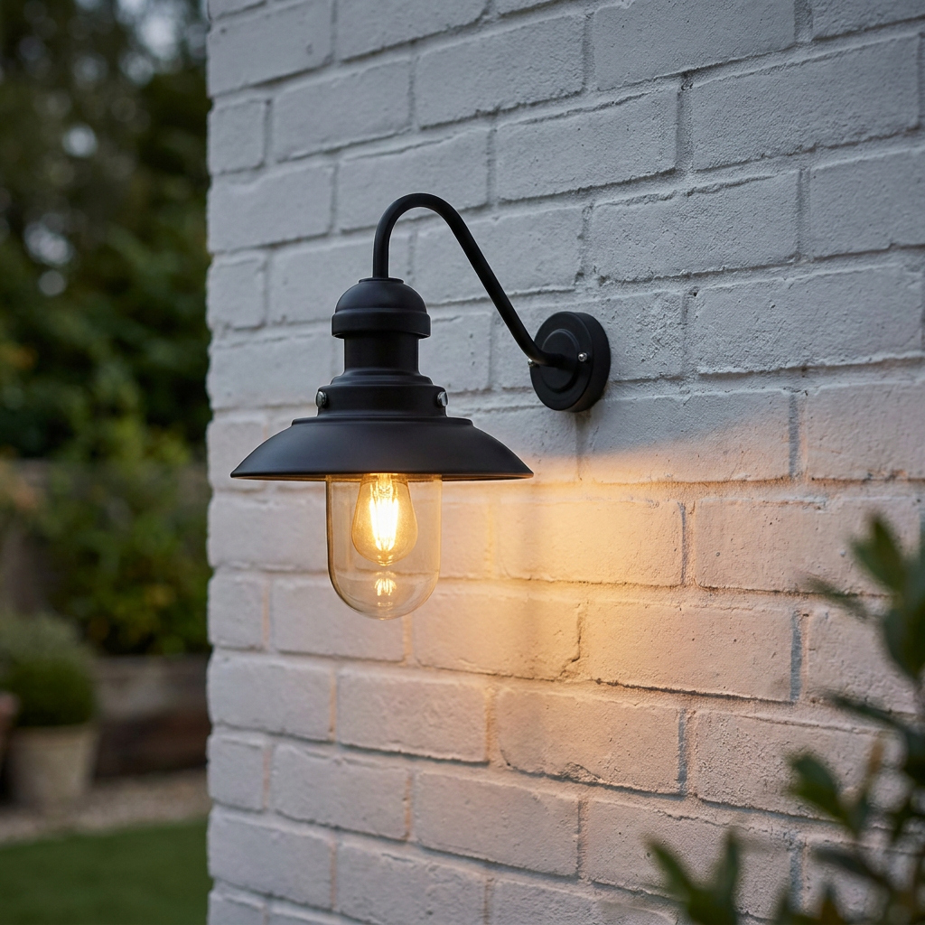 A black fisherman-style wall light with a glowing bulb mounted on a white brick wall.