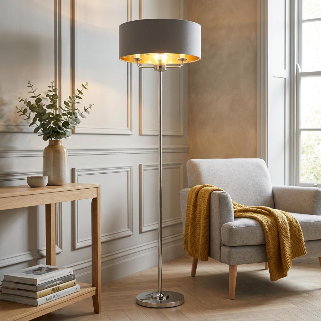 Endon Highclere bright nickel floor lamp with a charcoal shade in a neutral living room with a grey armchair.