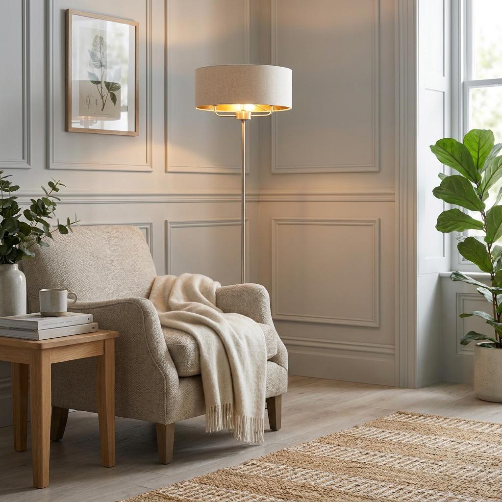 Brushed chrome floor lamp with a linen shade standing next to a beige armchair in a paneled living room.