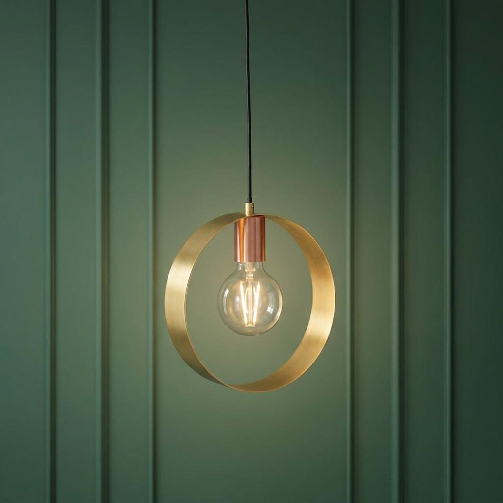 Brass hoop pendant light with a copper bulb holder and glowing filament bulb against a green paneled wall.