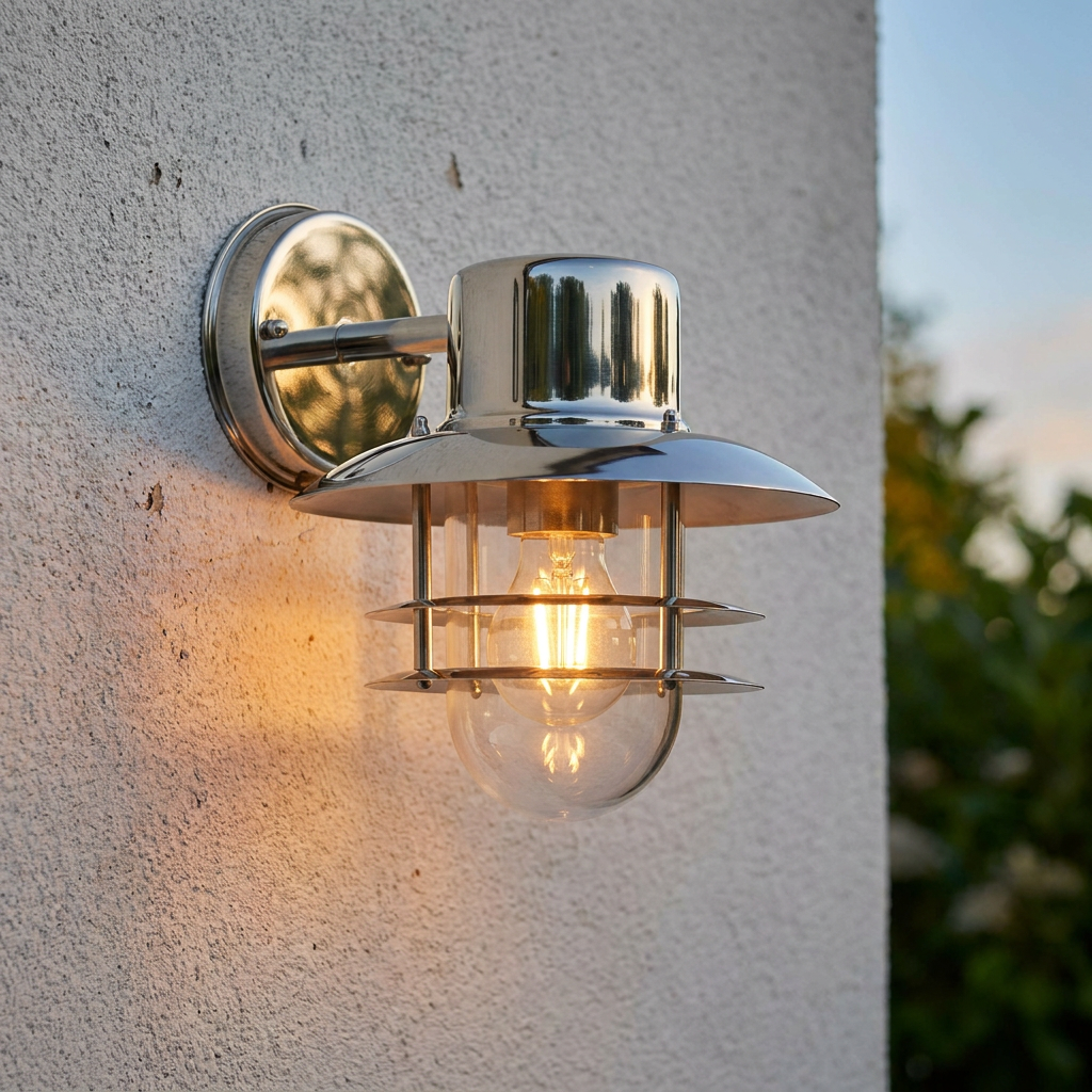 Polished stainless steel outdoor wall light with a glowing filament bulb mounted on a textured exterior wall.