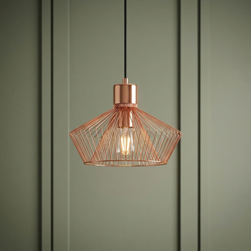 Geometric copper wire cage pendant light with an exposed bulb hanging against a sage green paneled wall.