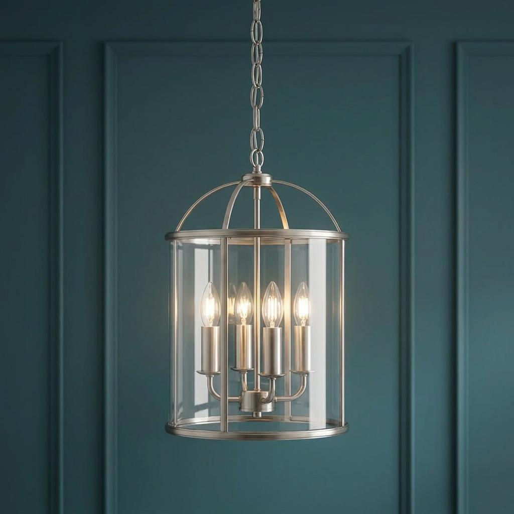 A chrome 4-light ceiling lantern with a clear glass cylindrical shade suspended against a teal paneled wall.