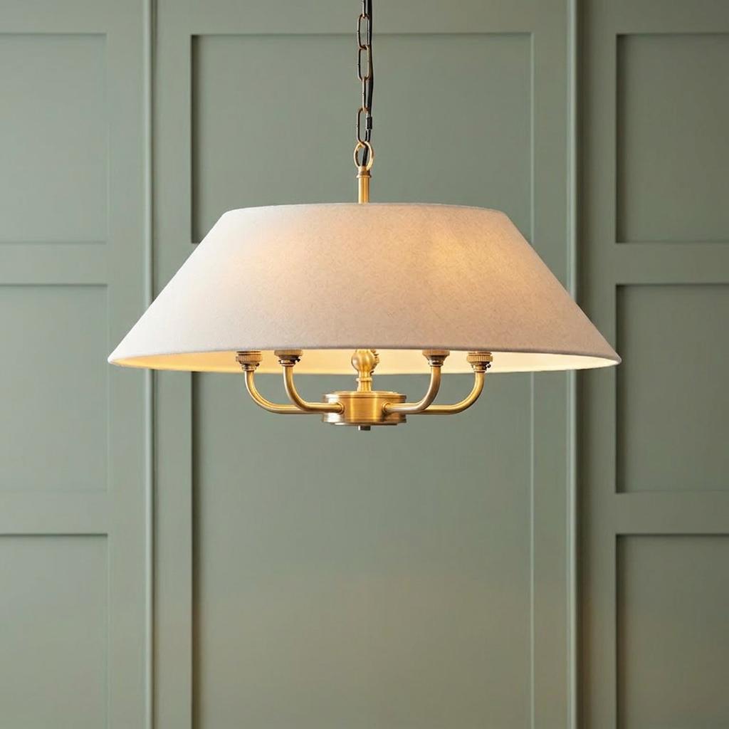 Antique brass 5-light pendant with a large tapered linen shade hanging against a green paneled wall.