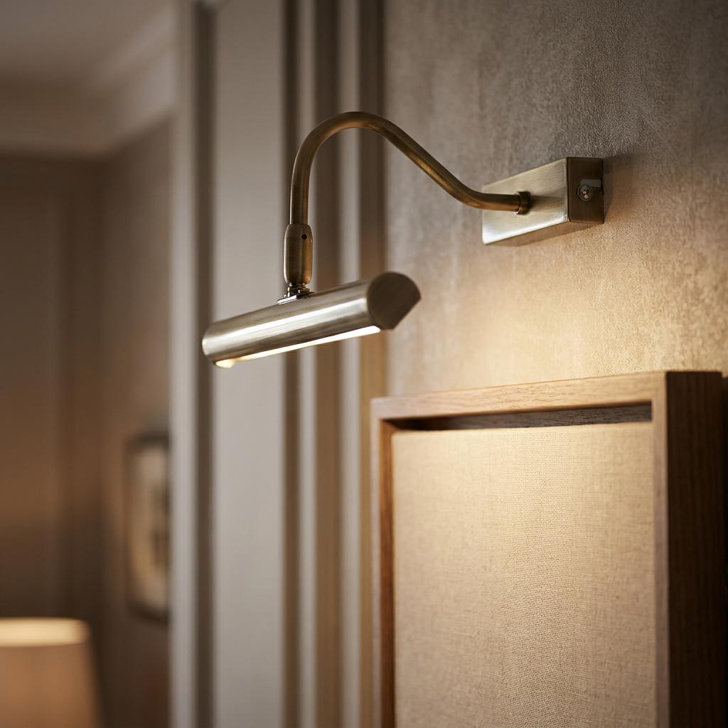Antique brass LED picture light mounted on a wall and illuminating a framed canvas.