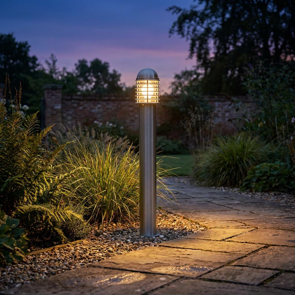 Stainless steel louvered bollard light illuminating a stone garden path at twilight.