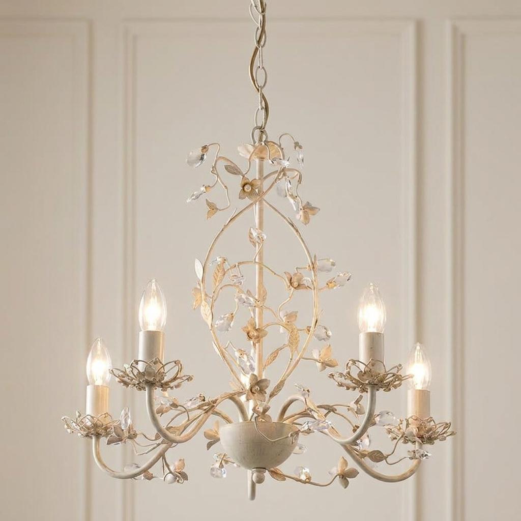 Cream and gold 5-light chandelier with floral accents and crystal droplets against a paneled wall.