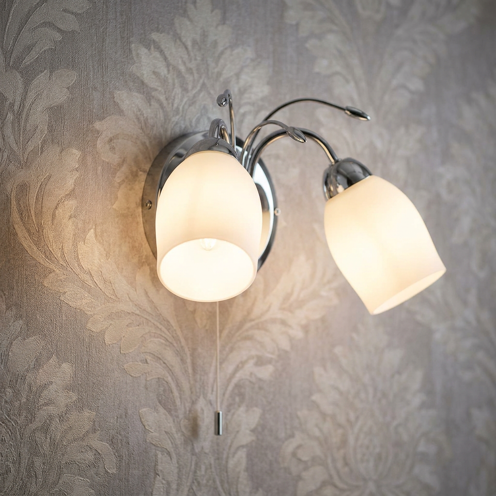 Endon Meadow chrome finish wall light with two frosted glass shades glowing on patterned wallpaper.