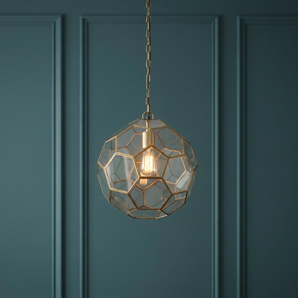 A geometric brass and glass globe pendant light with an Edison bulb hanging against a teal paneled wall.
