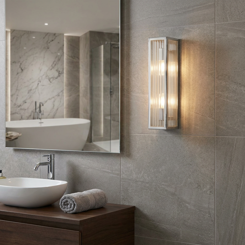 Rectangular chrome and ribbed glass wall light illuminating a modern bathroom with grey tiles.