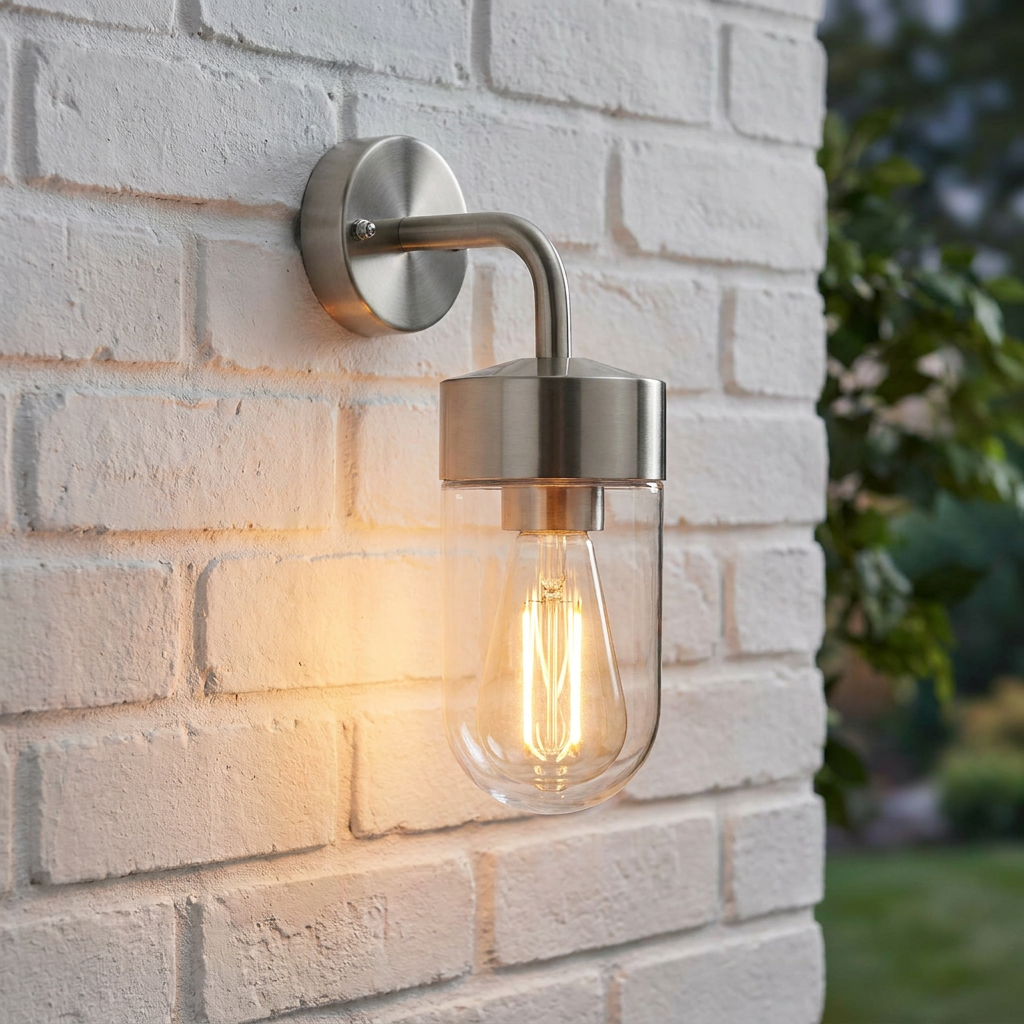 Brushed stainless steel outdoor wall light with a clear glass shade and Edison bulb, mounted on a white brick wall.