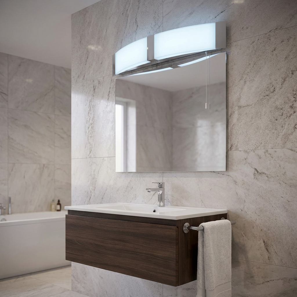 A curved chrome bathroom wall light with frosted glass shades mounted above a rectangular vanity mirror.