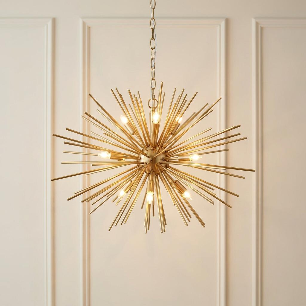 Gold starburst-style pendant light with nine bulbs hanging against a neutrally paneled wall.