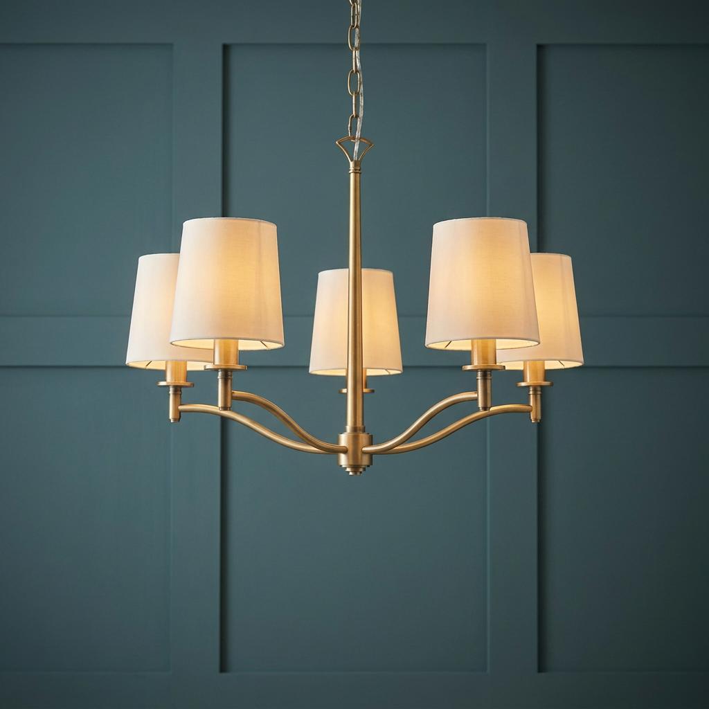 Endon Ortona 5 light antique brass pendant with fabric shades against a teal paneled wall.