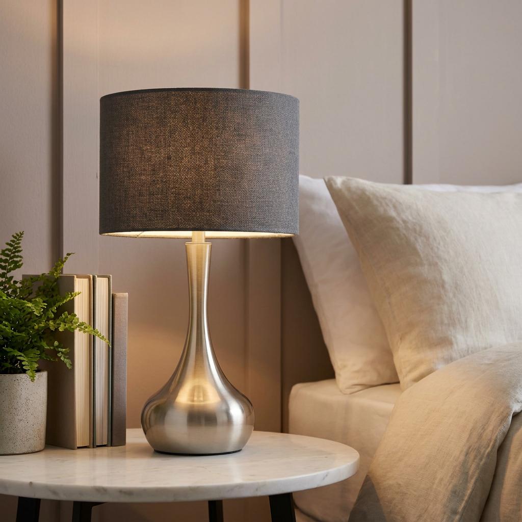 Lit satin nickel table lamp with a grey drum shade on a marble bedside table next to books and a bed.