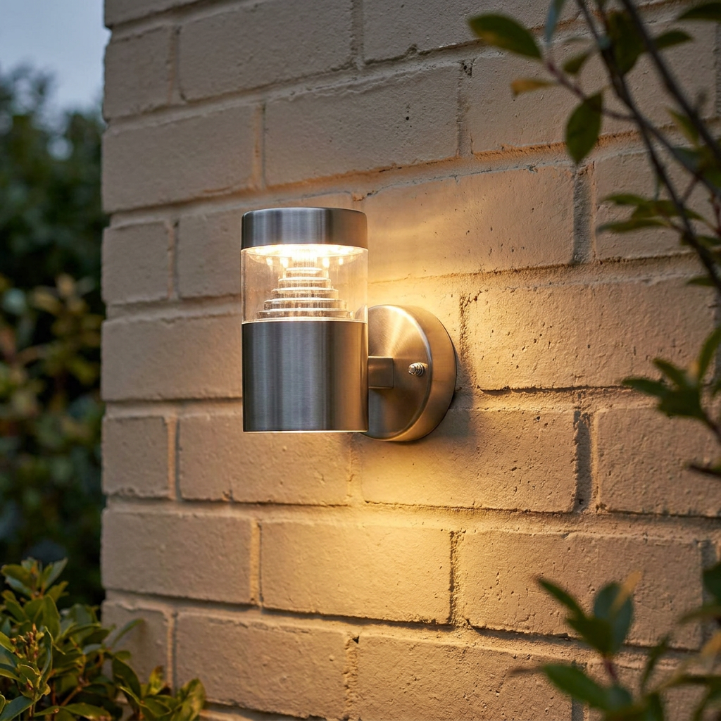 An illuminated Endon Pyramid brushed stainless steel outdoor wall light mounted on a beige brick wall.