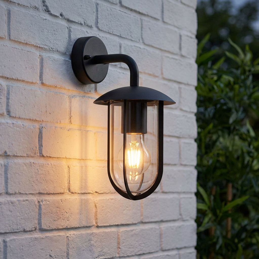 Endon Quinn black outdoor wall light with a glowing bulb and clear glass cover, mounted on a white brick wall.