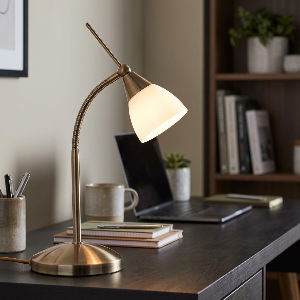 Antique brass desk lamp with a flexible neck and white glass shade lit on a dark wooden office desk.