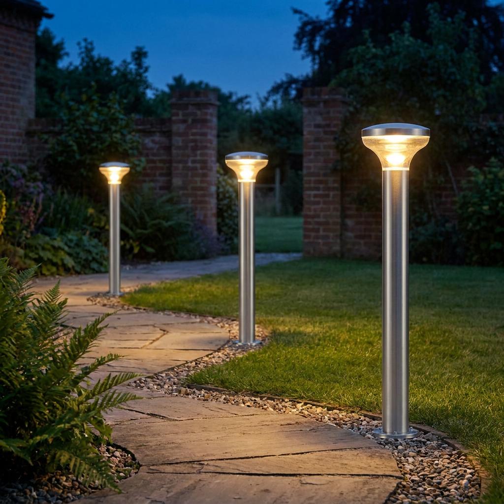 Three stainless steel bollard lights illuminate a curved stone garden path at dusk.