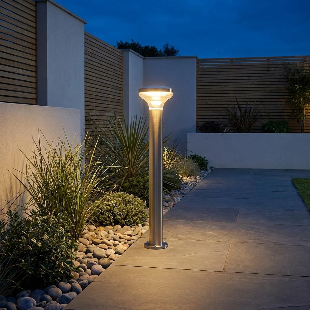 Stainless steel outdoor bollard light illuminating a stone garden path with pebbles and plants at dusk.